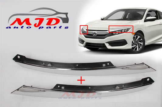 FOR HONDA CIVIC 2016-2018 DRIVER + PASSENGER HEADLIGHT CHROME TRIM MOLDING