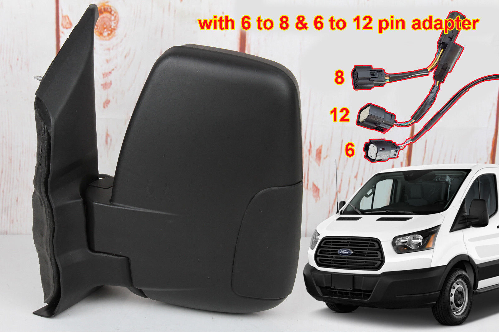 FOR FORD TRANSIT 2015-2019 LEFT DRIVER SIDE DOOR POWER MIRROR 6 TO 8 PIN ADAPTER