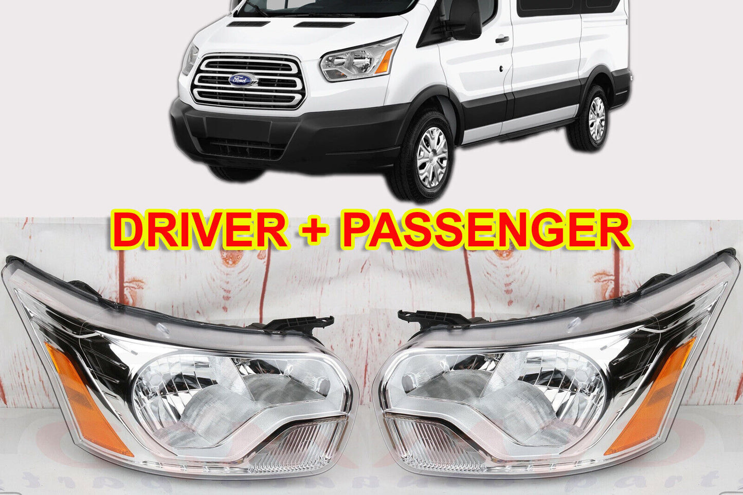 FOR FORD TRANSIT 2015-2022 DRIVER AND PASSENGER SIDE CHROME HEADLIGHT HALOGEN